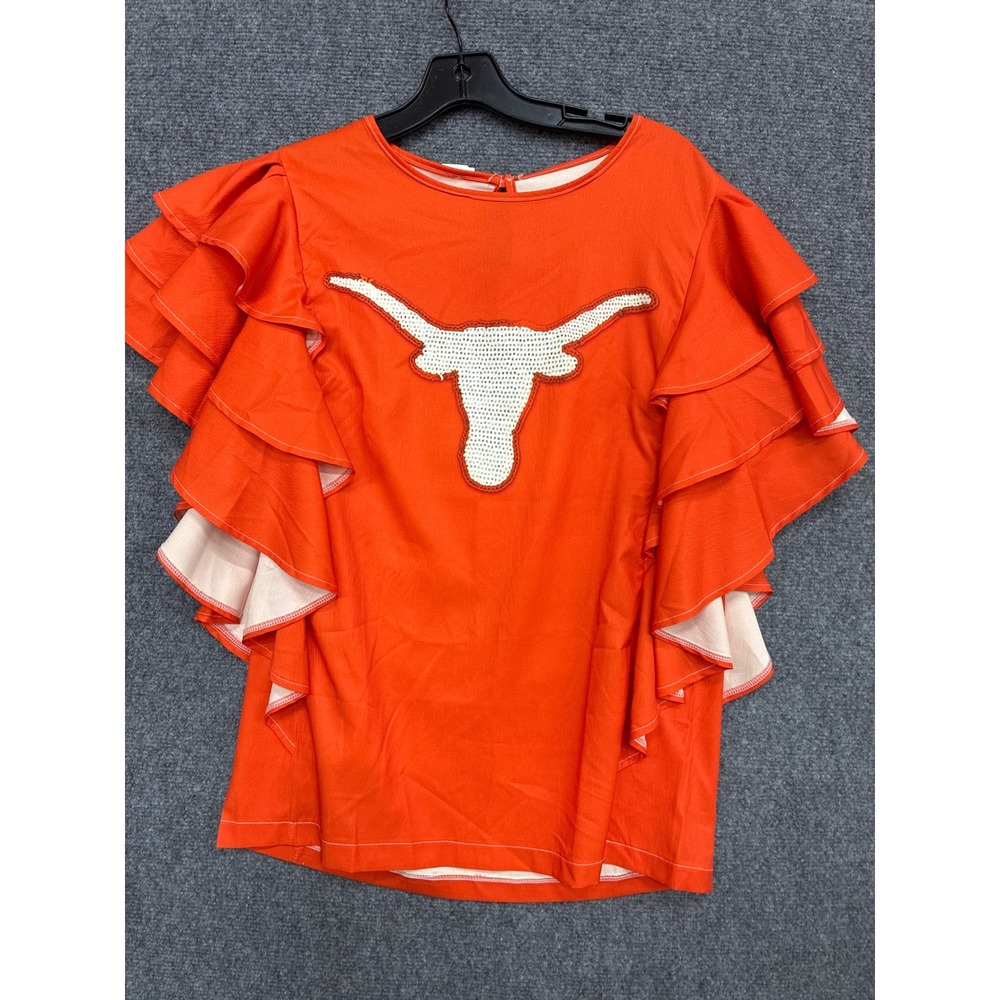 Texas Longhorns Sequin Logo Ruffle Sleeve Top Burnt Orange Game Day Blouse Small